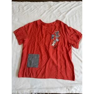 Red Cotton Top Cat Embroidery Patch Pocket Short Sleeve Cute Casual Lightweight